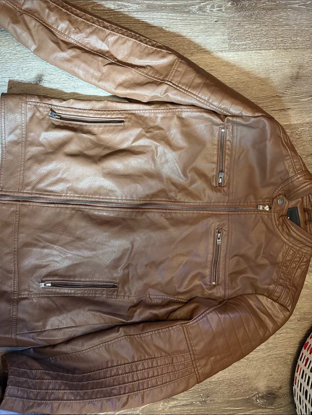 Men's Tan Faux Leather Bomber Jacket with Zip Pockets
